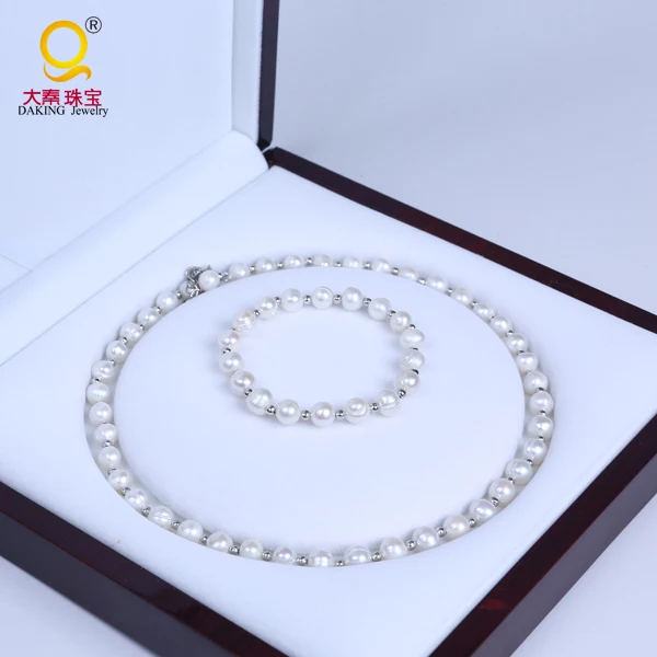 

Hot sale potato pearl and metal beads Silver metal chain jewelry freshwater pearl jewelry set, White