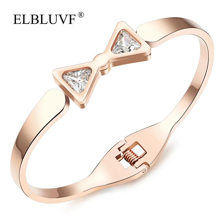 

ELBLUVF Free Shipping Stainless Steel Rose Gold Plated Women Jewelry Zircon Bow Shape Bracelet