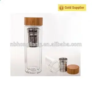 Image of Free Shipping Retail Double Wall Glass Water Bottles With Tea Infuser and Bamboo Lid