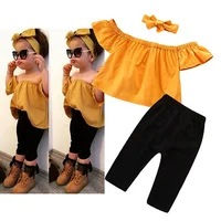 

Toddler Baby Girls Clothing Set Summer Off-The-Shoulder Short-Sleeved Top + Black Pants + Headband Fashion Outfit 3PCS