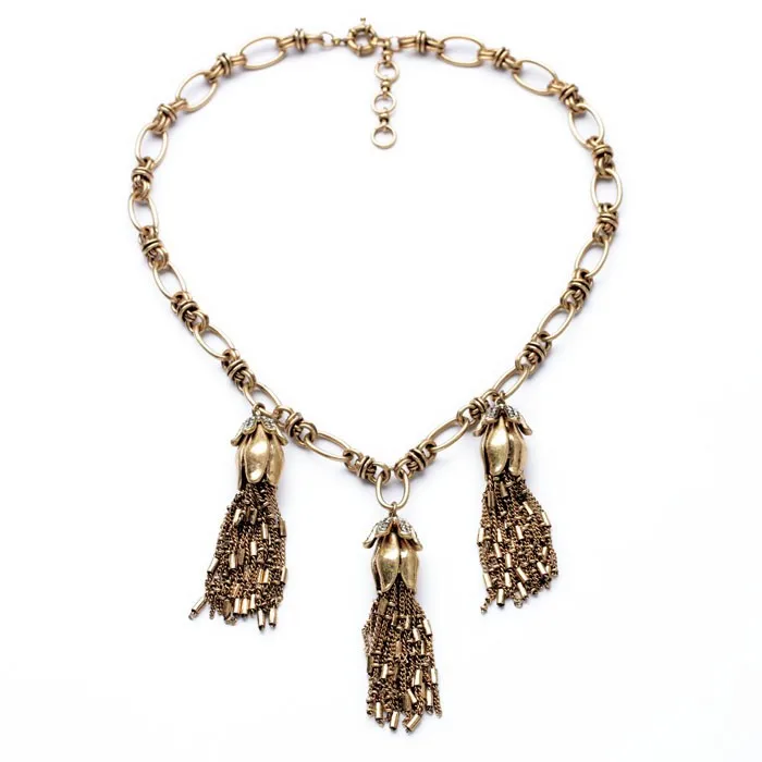 

xl00988 New Design Vintage Gold Alloy Flower Bud Tassel Statement Necklace Boho Jewelry