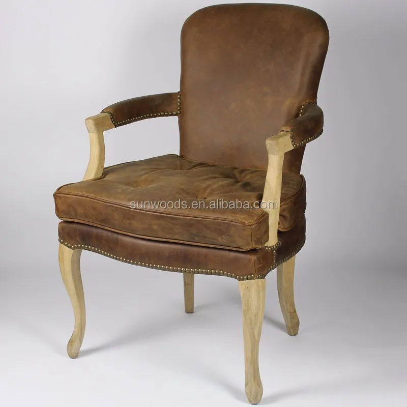 Comedor de madera de estilo francés de la vendimia de cuero marrón ... Sillas de juego de comedor con brazo