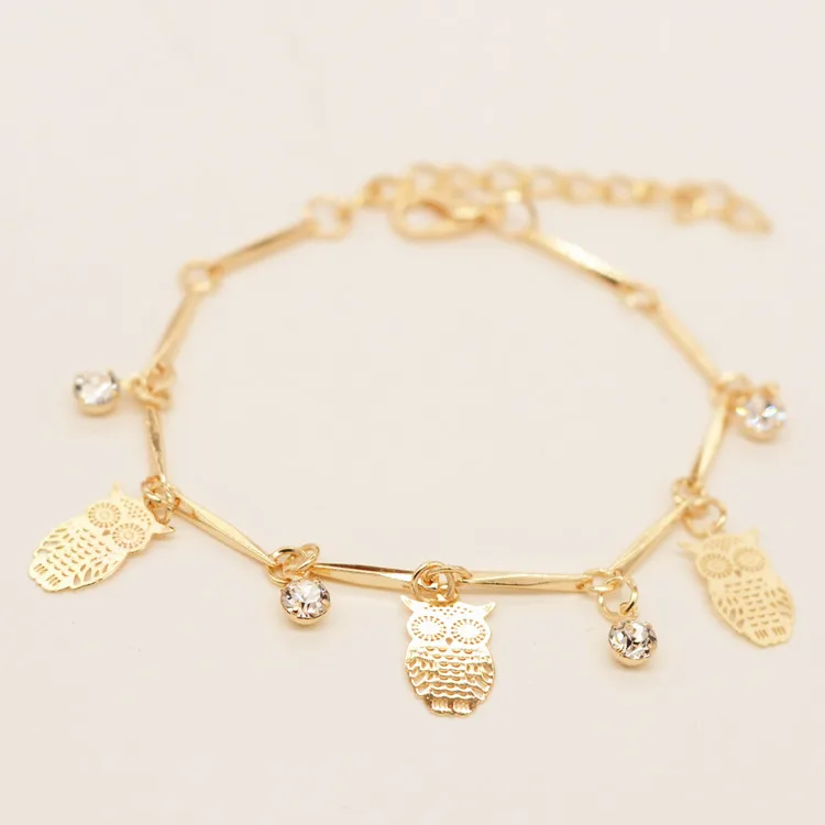 

Cheap Fashion Jewelry Golden Chain Crystal Charms Owls Pendant Bracelet For Women