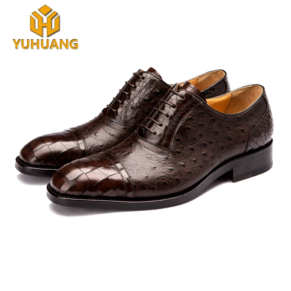 

High-end luxury ostrich crocodile skin shoes goodyear welted handmade shoes, Brown/black