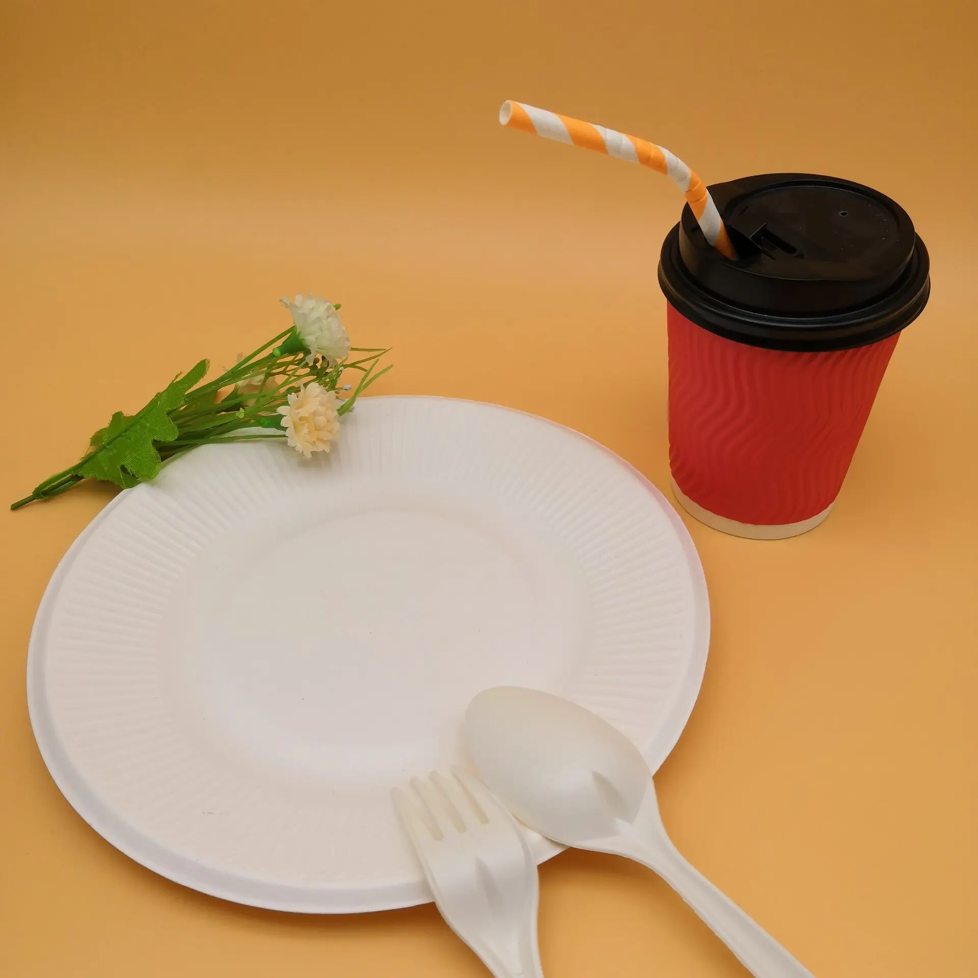 
Biodegradable disposable sugancane bagasse small round striped elegant Plate 