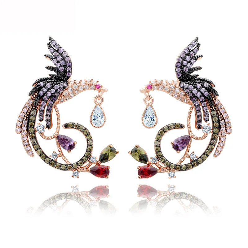 

LUOTEEMI Wholesale Fashion Jewelry Luxury Rose Gold Multi Cz Micro Pave Setting Phoenix Bird Jewelry Earrings Women, N/a