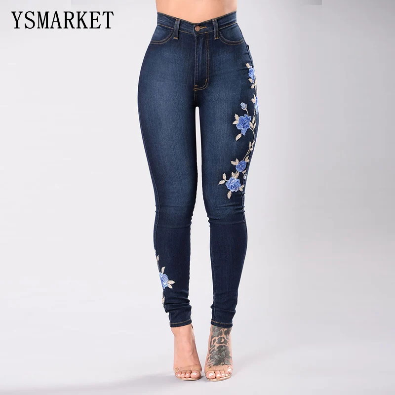 

YSMARKET Flower Embroidered Jeans For Women Elastic Jean Female Pencil Denim Pant Sexy Skinny Pantalon Femme E8040