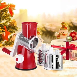 Image of Efficient and Fast 3-Blades Manual Rotary Drum Grater Vegetable Mandoline Chopper Slicer with Strong-Hold Suction Cup