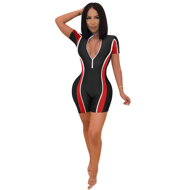 

Women fitness playsuits short biker jumpsuit zipper fly patchwork bodysuit sports skinny outfits Y11737