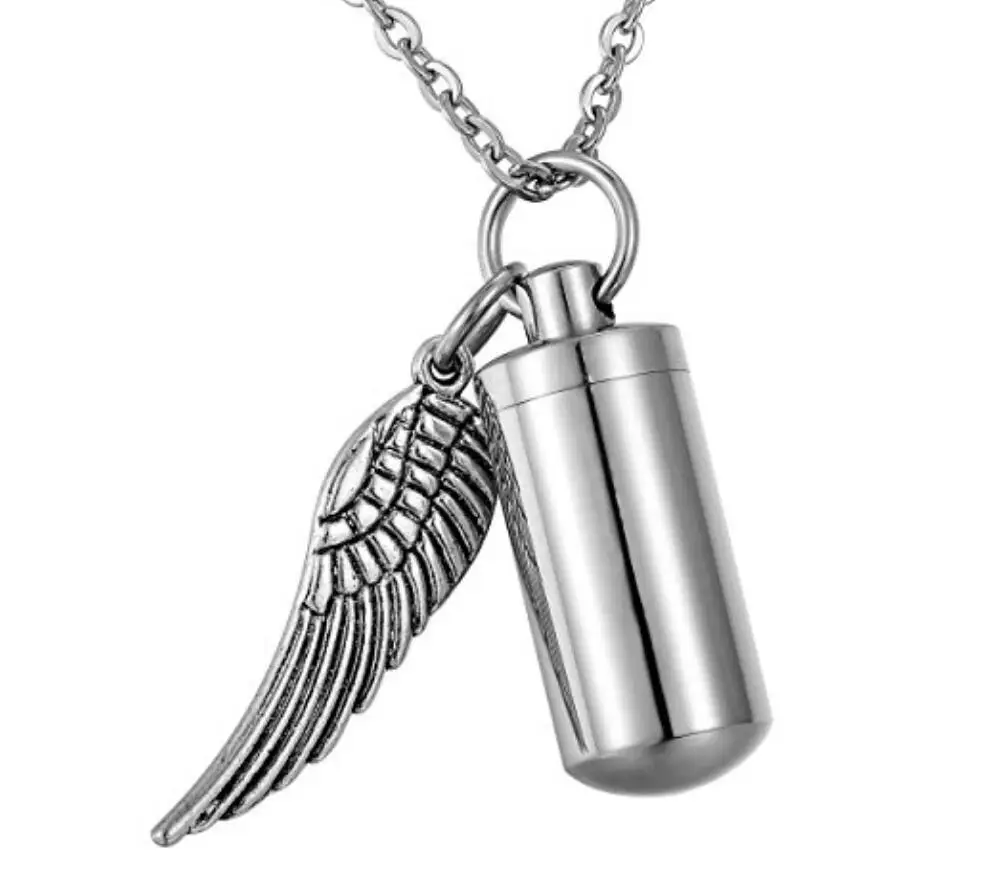 

Stainless Steel Angel Cylinder Pendant Cremation Urn Keychain Memorial Keepsake Ashes Jewelry, Picture