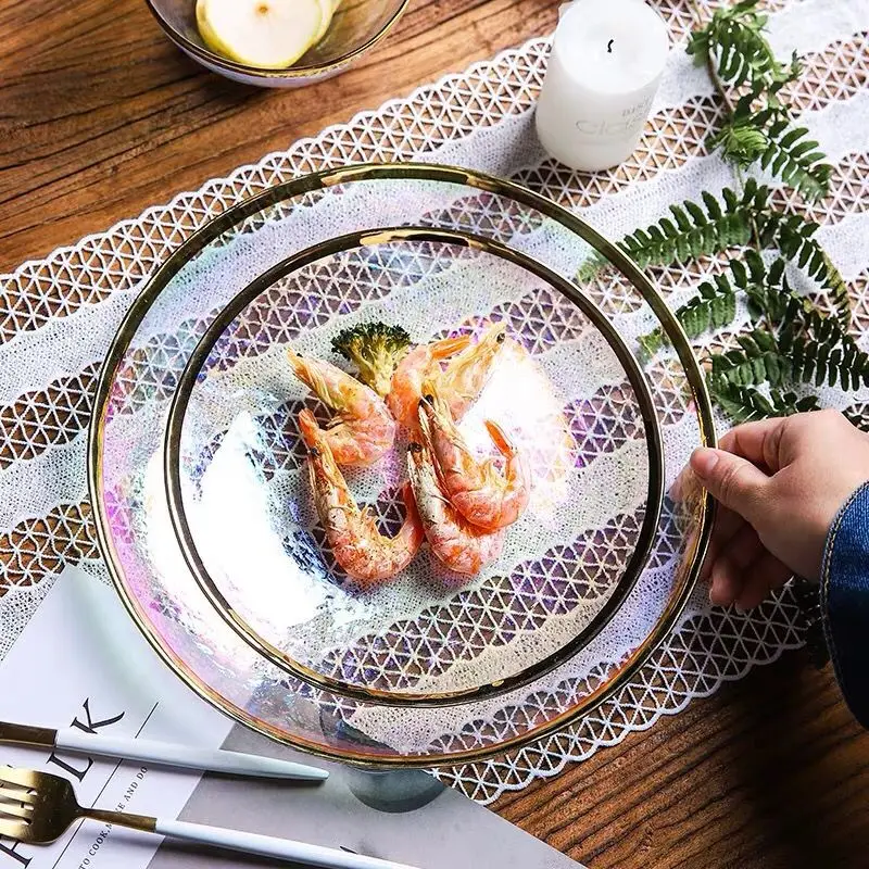 Nordic Style Gold Rim Glass Dinnerware set Dessert Bowl Glass round Western Dish Salad Tray Fruit Plate Golden glass plate