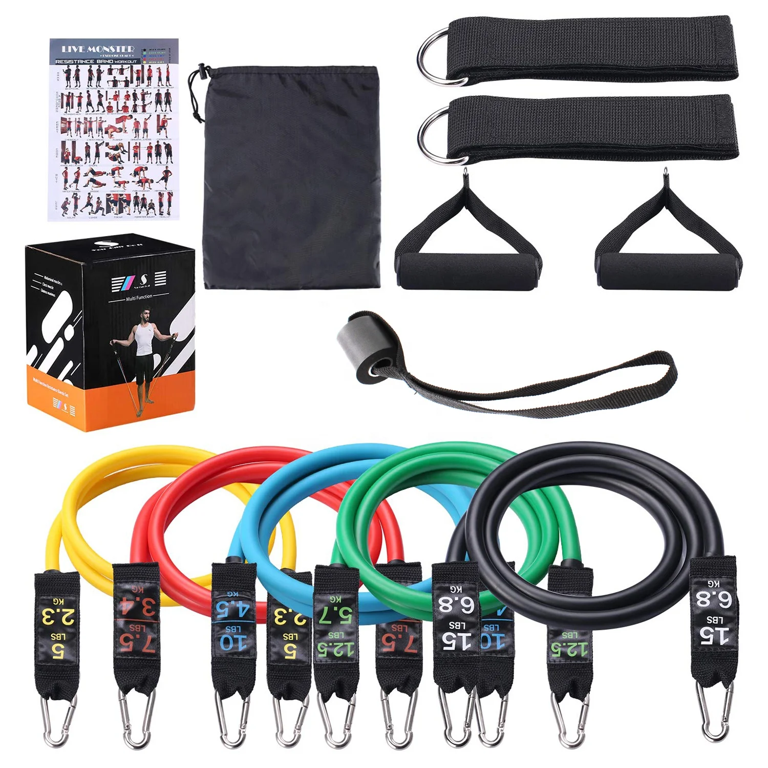 Yoga Pilates Abs Exercise Body Shaping Physical Therapy Training Fitness 5 Colors Tube 100LBS Pull Rope 11 pcs Resistance Bands