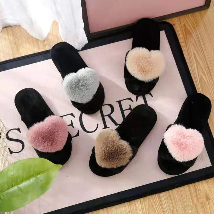 

custom logo slide sandals heart fur Cheap wholesale shoes women lady flat ladies sandals slippers