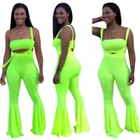 

2019 New Arrivals Fashion Women Casual Wrap Chest Suspender Flared Pants Solid 2 Pieces Set Sexy Jumpsuit