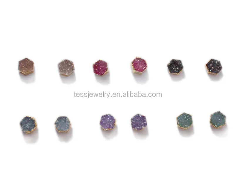 

Crystal Druzy Earrings Hexagon Electroplated Gold Metal Natural Stone Rainbow Color Quartz Exquisite Fashion Gifts, Multi color