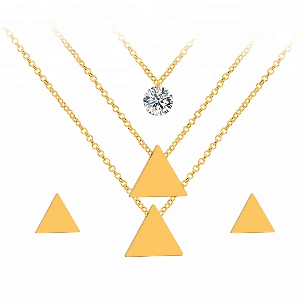 

Stainless Steel Cubic Zircon Gold Triangle Smooth Pendant And Earrings Sets Jewelry Set, Gold/clear(custom color is available)