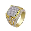 HipHop Men Jewelry Rings Copper Gold Color Plated 3A Micro Pave CZ Stone Square Ring