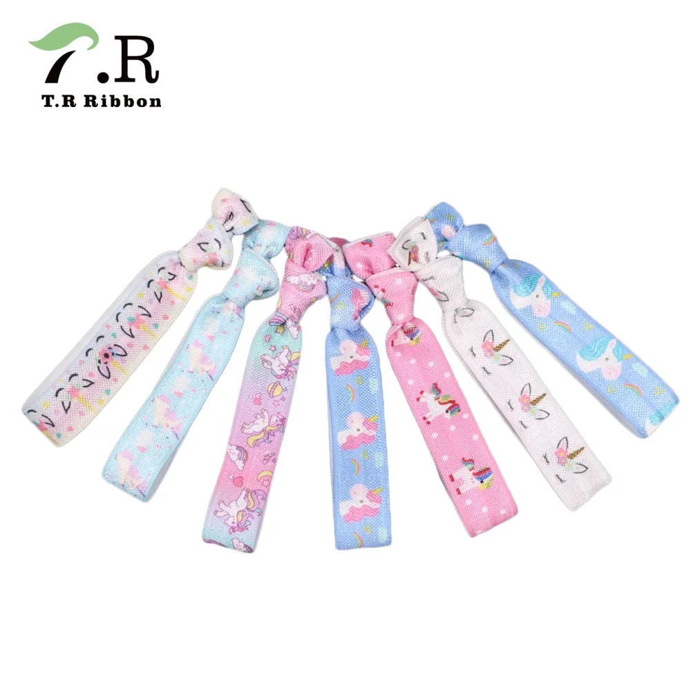 

15mm unicorn printed fold over elastic hair tie for girl, As pic