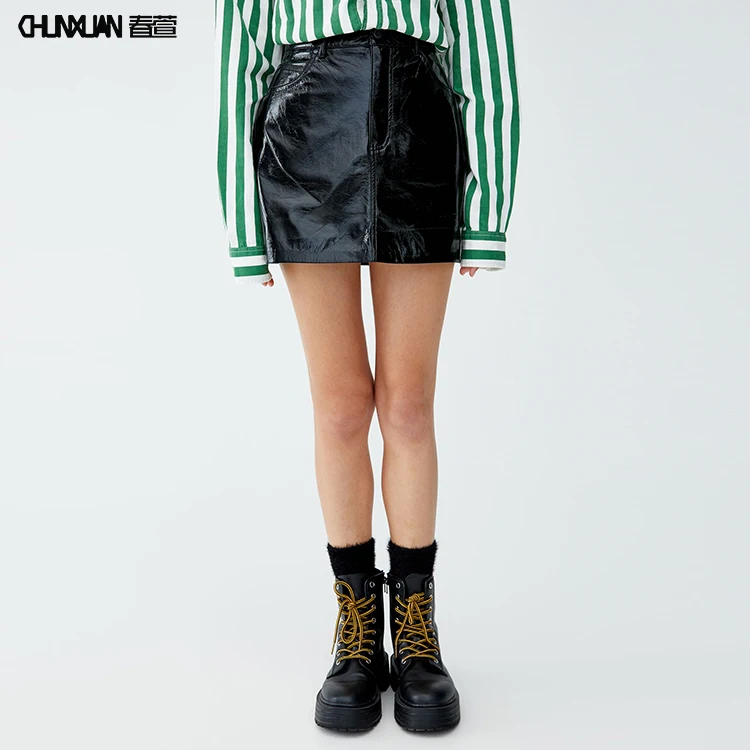 Clothing women pu mini A-line short leather black skirt girls fashion