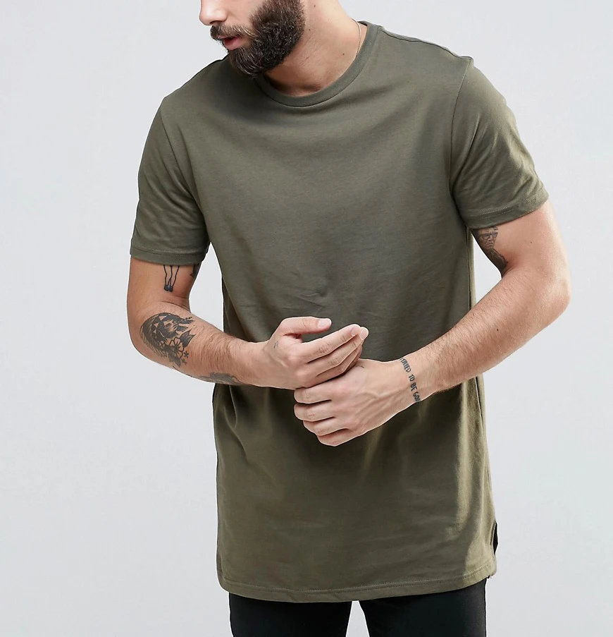 Dropped Hem In Khaki,Longline T-Shirt 