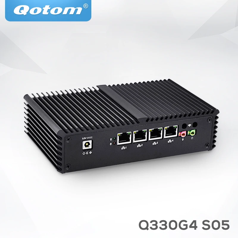 

QOTOM Mini PC Q330G4 4GB RAM 32GB SSD 4 Gigabit NIC RS232 Core i3 pfsense firewall router, Black