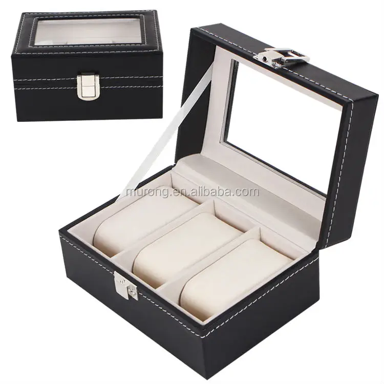 

Watch Box 3 Mens Black Leather Display Glass Top Jewelry Case Organizer, Customized