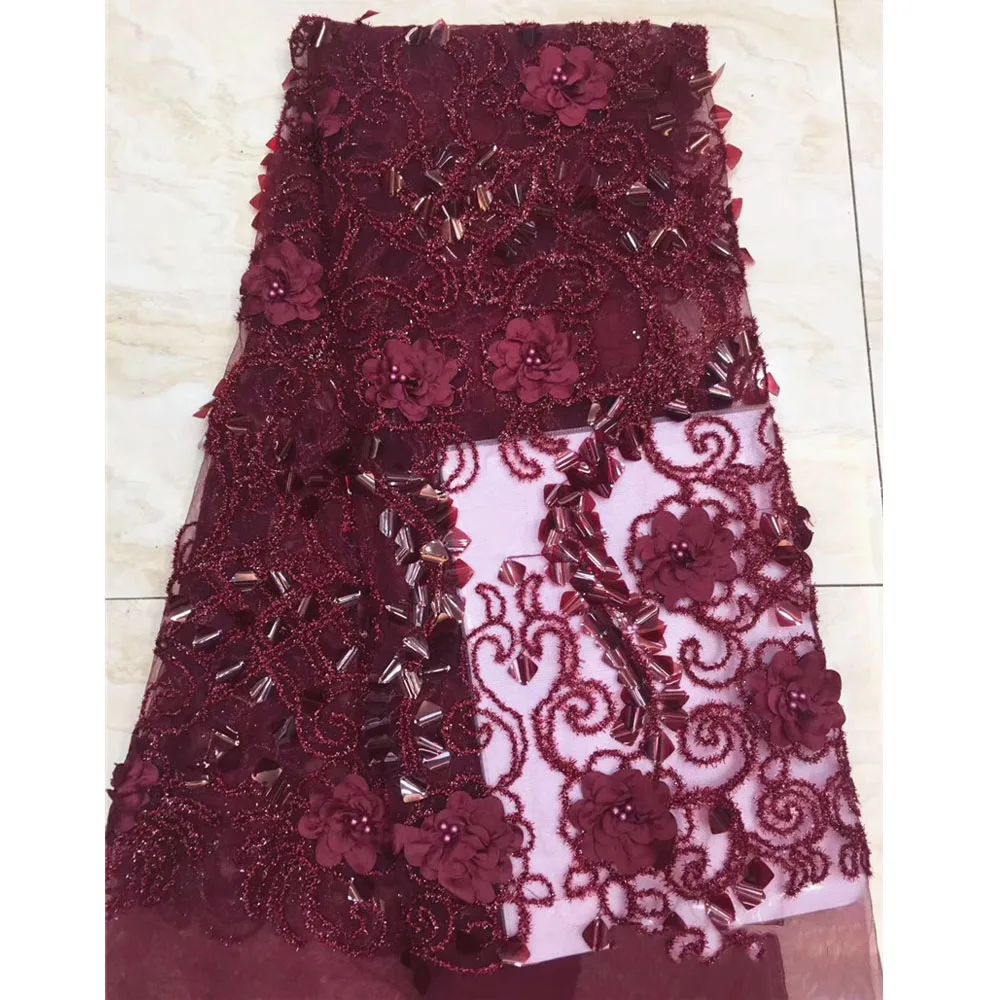 

Beautifical french lace embroidery tulle wine fabric 3D flower net lace ML1N1160, Can be customized