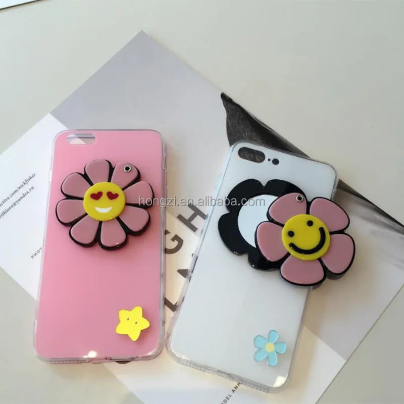 

3D Cartoon Smile Flower Rotating Mirror TPU+PC Acrylic Rubber Back Cover For iphone 6 Plus 7 7Plus 11 12 mini Phone Case