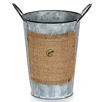 vintage look metal french market buckets with a burlap label on