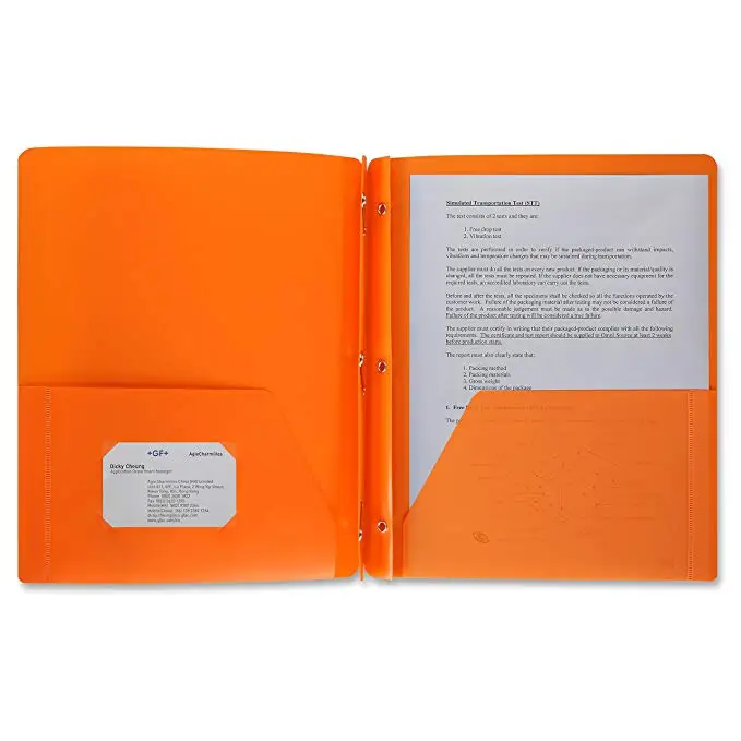 
2018 Hot Sell Quality Factory Cheap Wholesale Multicolor Two Pocket Poly File with 3 Prongs Fasteners Portfolio Folder 