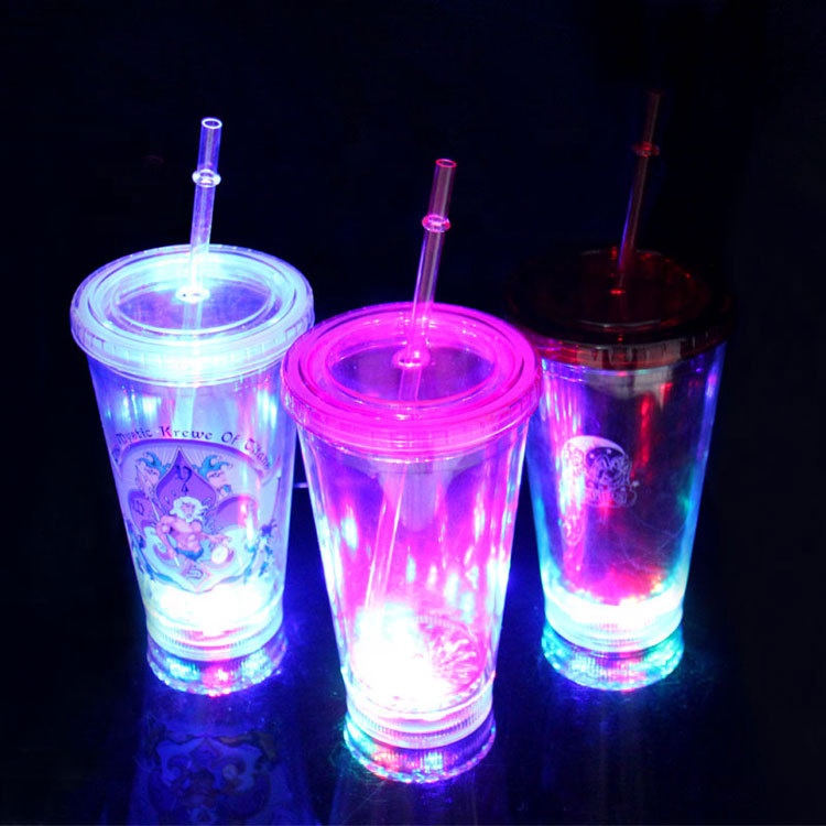 

Personalized 16oz led light up drinking plastic double wall tumbler with straw, Transparent