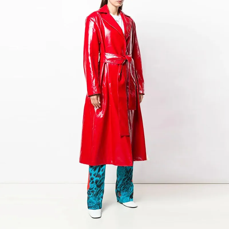 Wholesale Women Belted Trench Coat High Shine Red Patent Lather Coat ...
