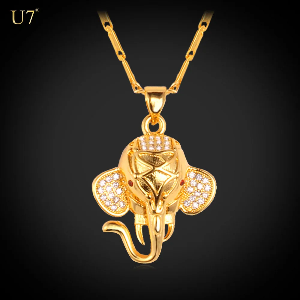 

U7 Indian god Elephant Pendants with Gold Plated chain Cubic Zirconia Trendy Lovely Animal Necklace Women/Men Jewelry