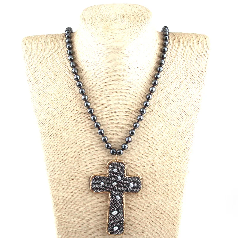 

Fashion Hematite necklaces Beads Knotted Crystal Pave Cross Necklace jewelry Dropship, 2 color