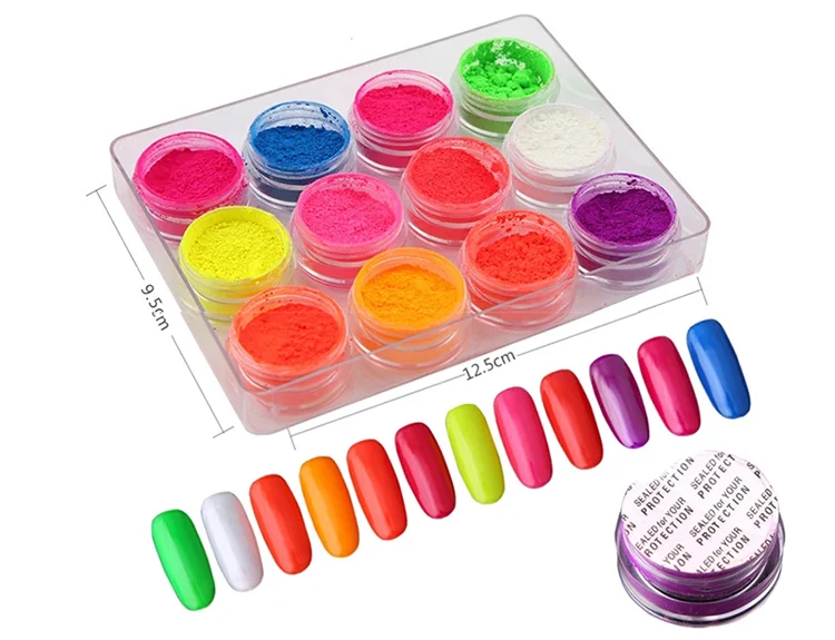 Bojun wholesale neon 12 color powder glow in the dark phosphor nail glitter powder fluorescent pigment /photochromic pigment