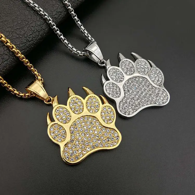 

ORDRM Bear Paw Design 18k Gold Crystal Hip Hop Pendant Necklace, Silver or gold