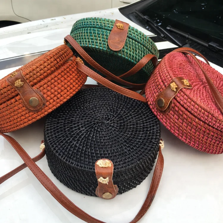 

Colorful Rattan Bag Natural Bali Round Rattan Bag Indonesia Multi Color Straw Beach Bag, As pictures