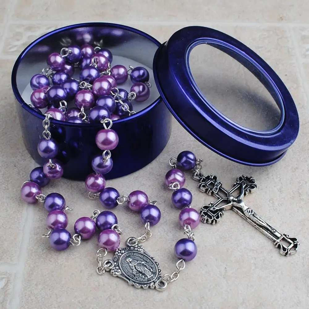 

8mm Pink and Purple Glass Pearl Beads Catholic Rosary with Gift Box