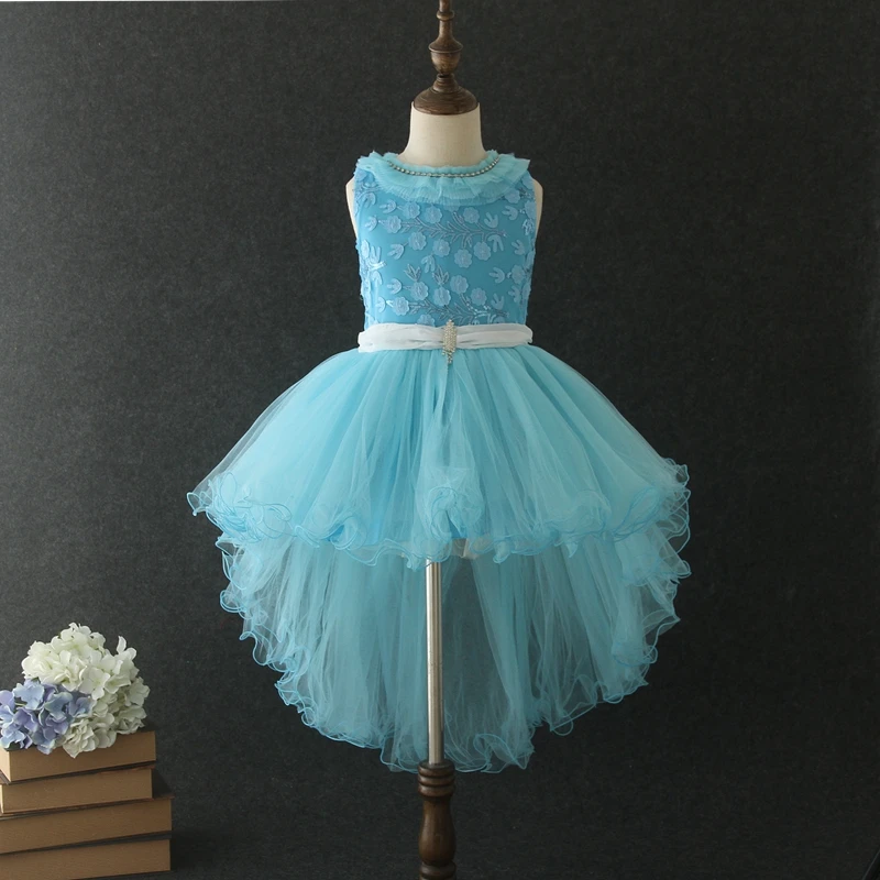 Latest Children Dress Designs Blue Puffy Flower Sleeveless Front Short