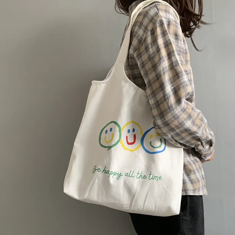 

Custom printed colorful promotional natural cotton tote canvas cloth carry shopping bag, White