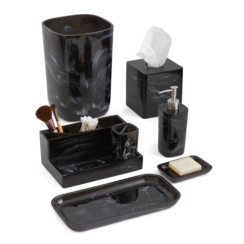 Luxury Black Faux Marble Hotel Resin Bathroom Container Holder