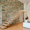 Modern indoor wood open step with tempered glass railing floating staircase
