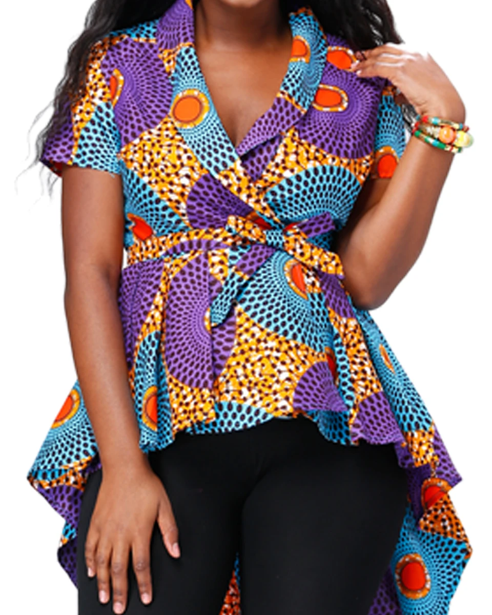 

Hot sell short sleeve women top v neck short front and long back ankara print top, Sky blue