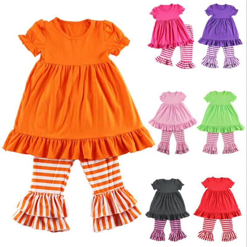 

Toddler baby boutique 2 pcs ruffle sets girls summer clothes short sleeve top match stripe ruffle icing pants outfit for kids, Customized color