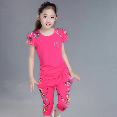 

YSMARKET Casual Summer Children Clothing Sets Girls Floral Print Short Sleeve Sport Flower Suit +Pants Set Kids Clothes, Can be customized