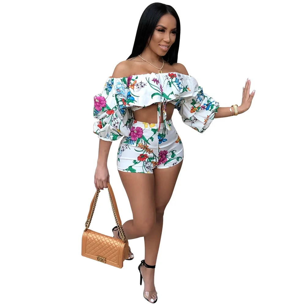 

Bohemian Style Clothing Two Piece Set Shorts Bodysuit Outfits Suit , Beach Summer Off Shoulder Crop Top Short Women Playsuits, White floral;any colors is available