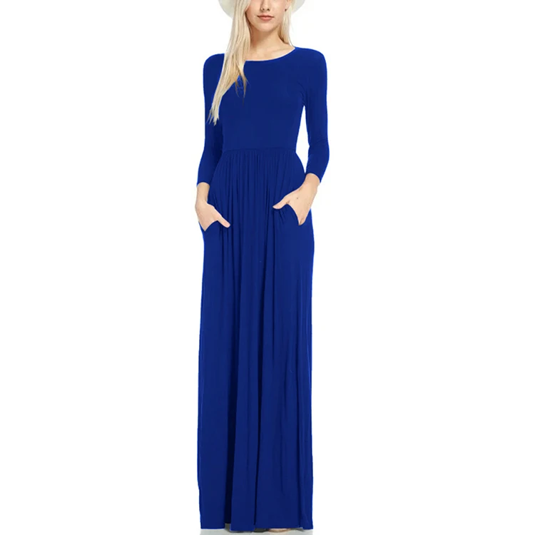 

New Fashion Solid One Piece Round Neck Mid Waist Long Sleeve Maxi Dress Women