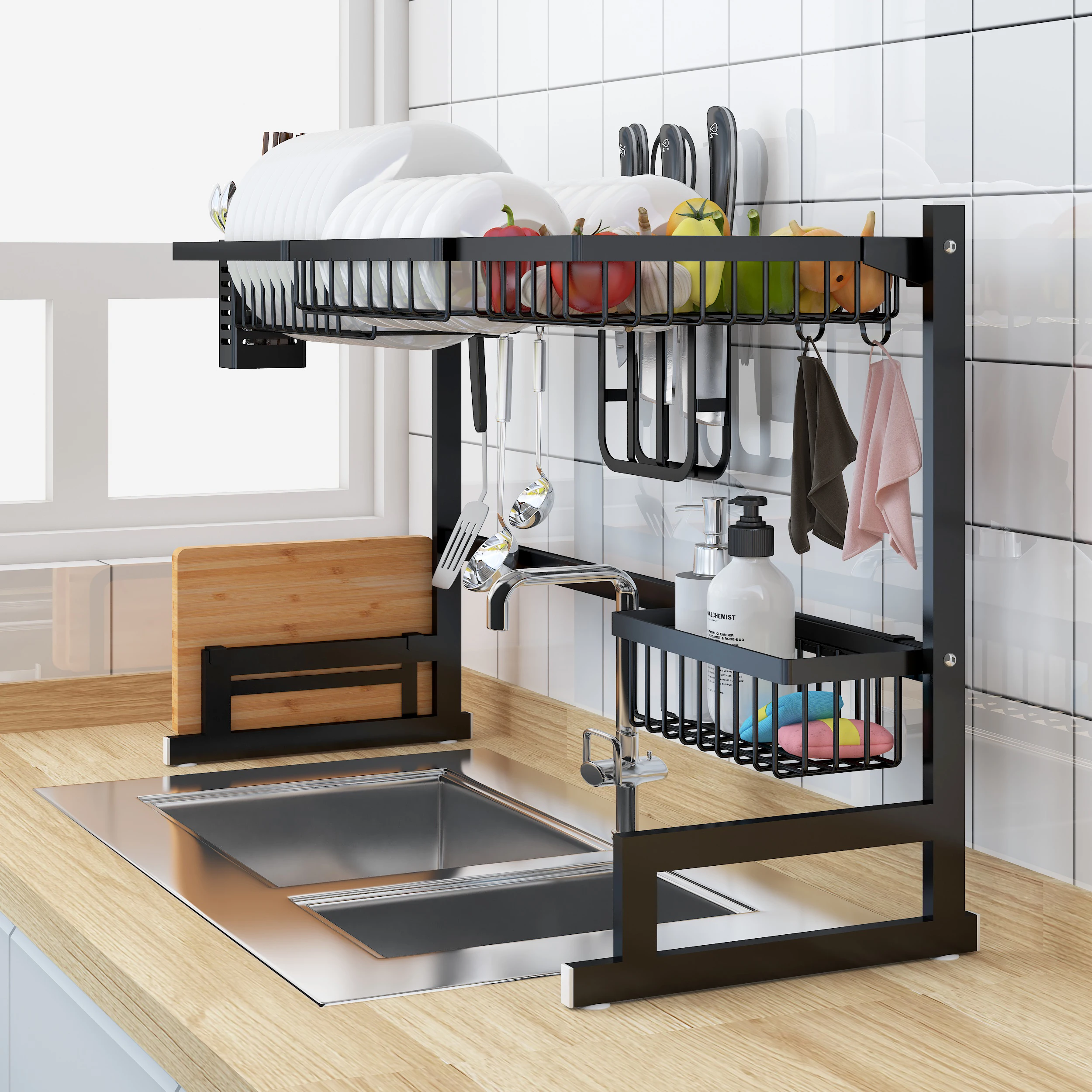 
2019 New Black Storage Rack Dish Drainer Rack Stainless Steel Kitchen Drainer Rack 