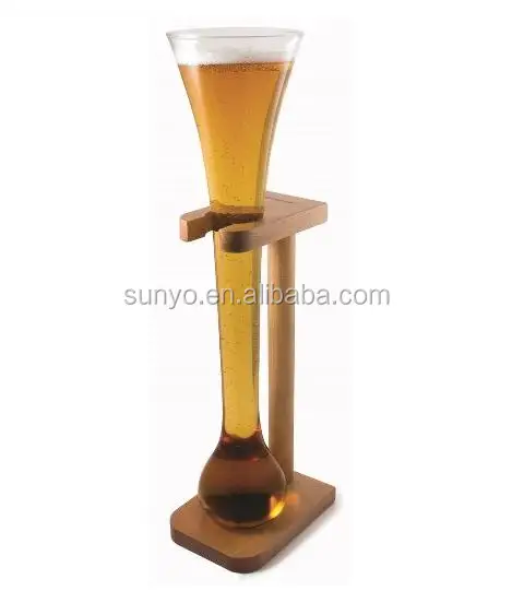 

Handmade Half Yard Tall Ale beer Glass With Smart Birch Wood Stand Holder, Clear or customized