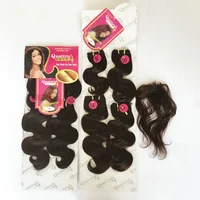 

non-remy Brazilian body wave 4pcs synthetic hair weaving bundles with 1pc synthetic closure,Quattro indian curl blend hair